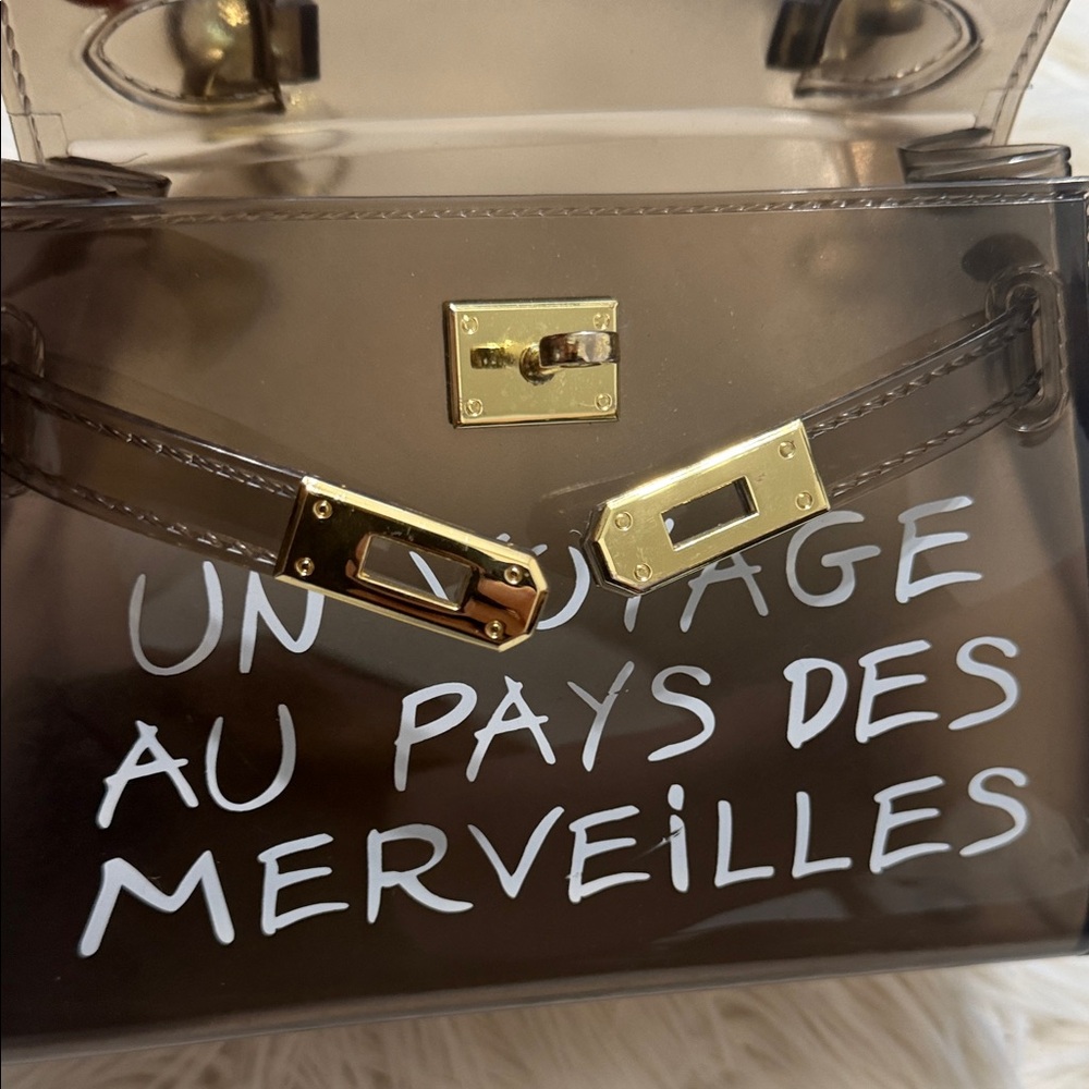 Clear Black Vinyl Crossbody Bag with White Script and Top Handle - Picture 6 of 12